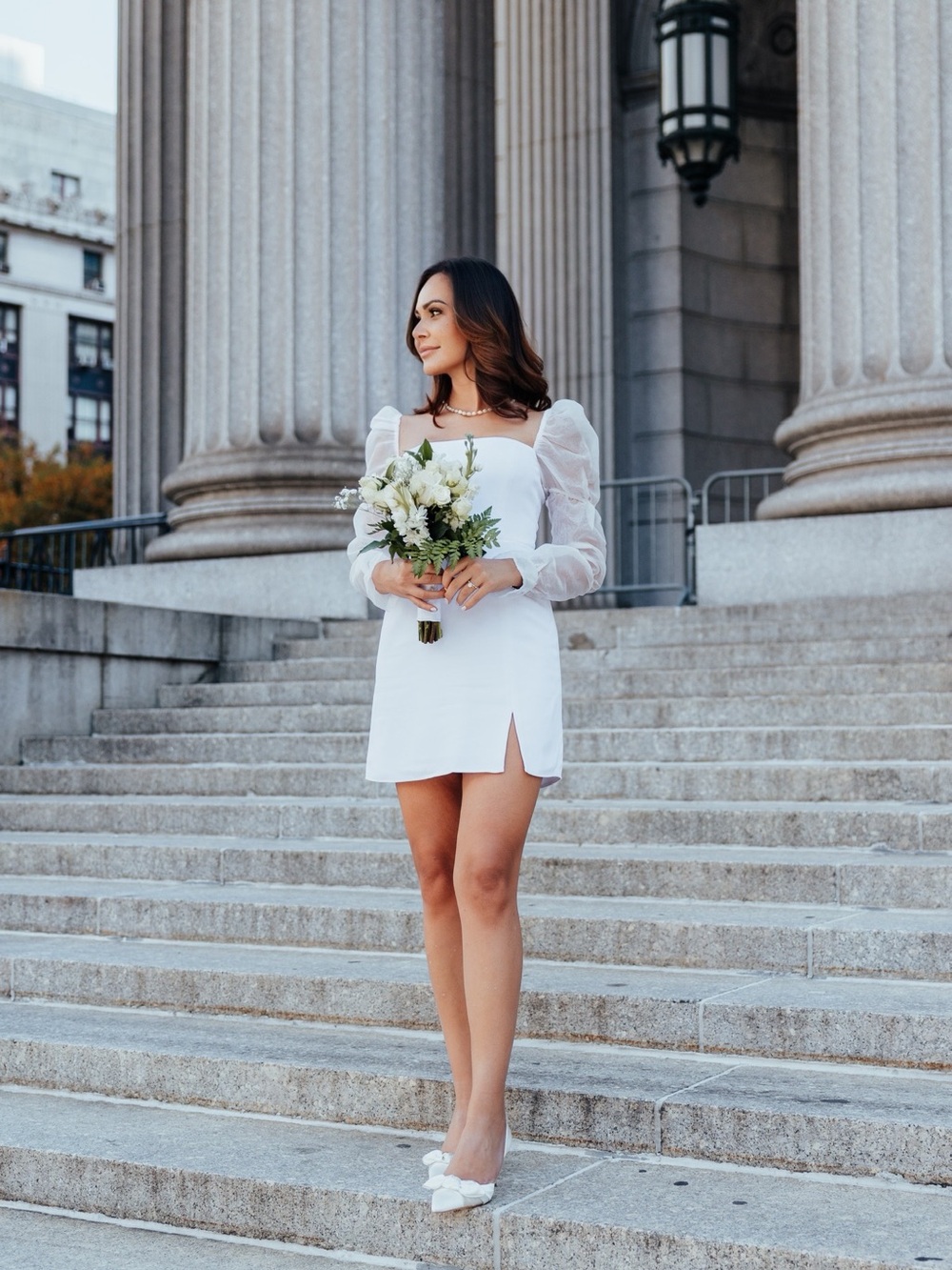 White Puff-Sleeve Mini Dress with Front Slit